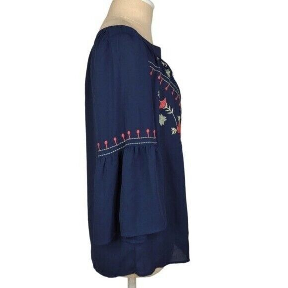 Loft Embroidered Bell Sleeve Boat neck Lightweight Navy Blouse XS - Picture 6 of 16